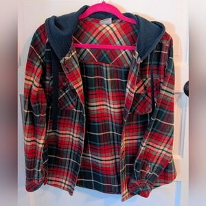 Comumbia Women's Plaid Button Up Long Sleeve Christmas Hoody, Size S, Green/Red
